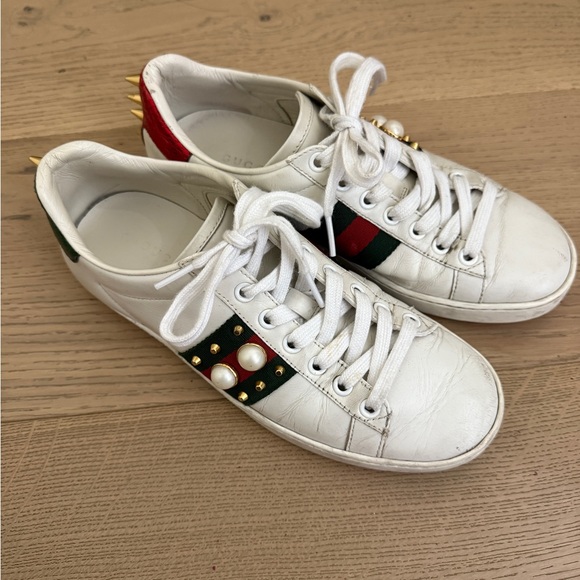 Gucci Ace Embellished Sneakers White Leather Pearl Studs Web Stripe Women's - Picture 1 of 7